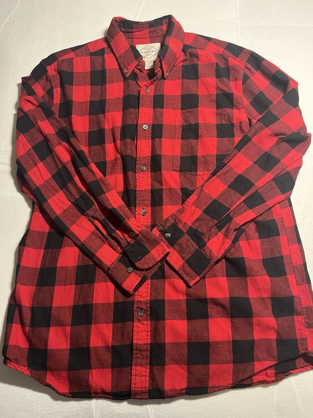 St Johns Bay Flannel Shirt Mens L Red Black Buffalo Plaid 100% Cotton Button Up